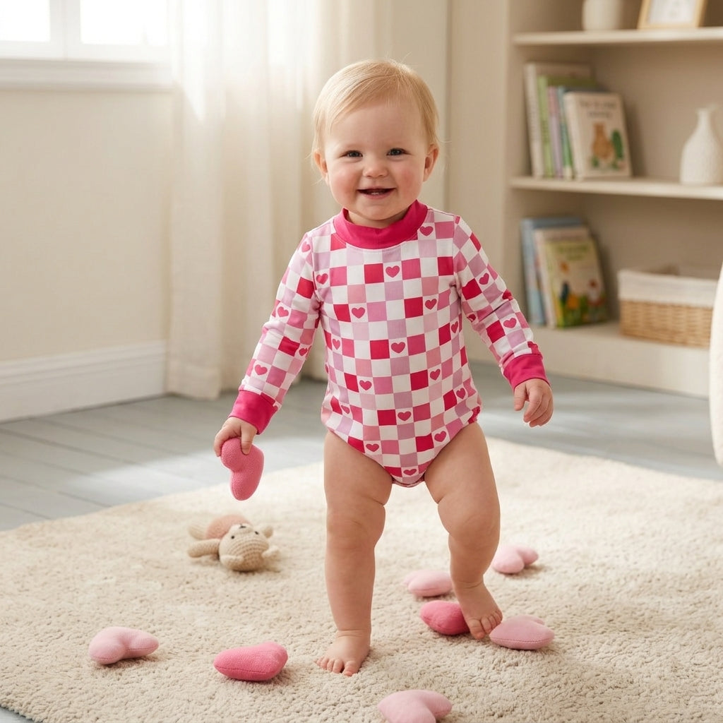 LR3337 Valentine's Day Love Plaid Rose Red Mockneck Baby Bubble Romper