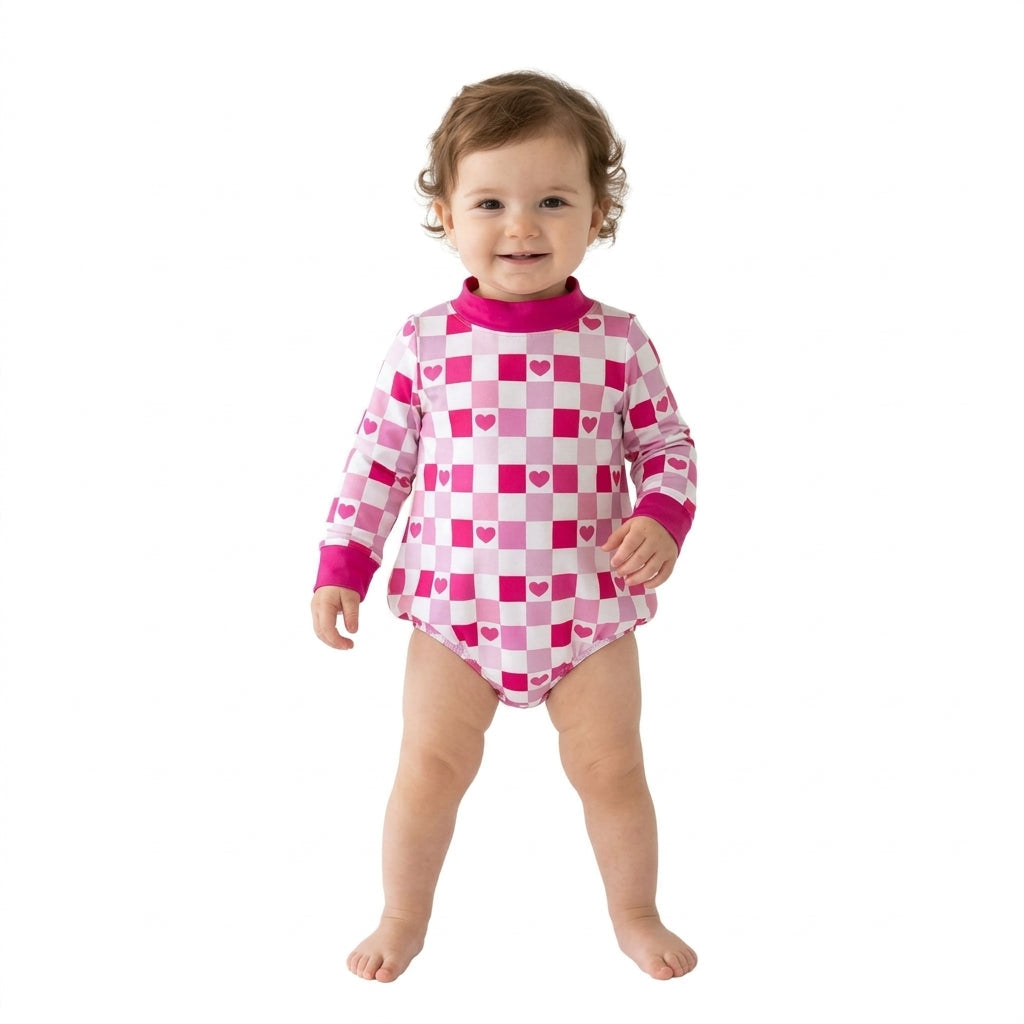 LR3337 Valentine's Day Love Plaid Rose Red Mockneck Baby Bubble Romper