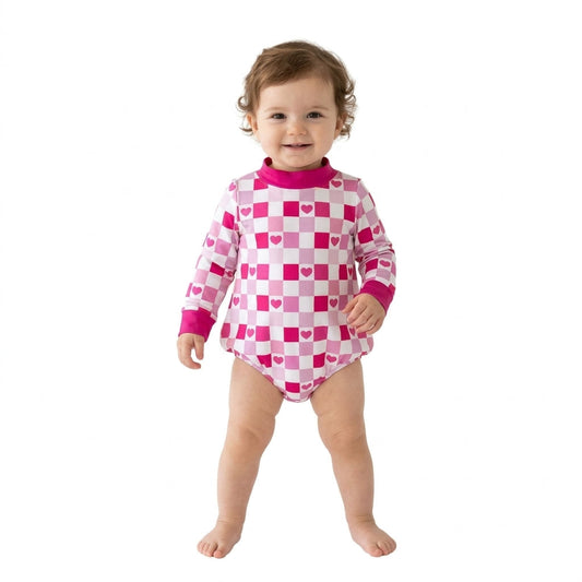 LR3337 Valentine's Day Love Plaid Rose Red Mockneck Baby Bubble Romper