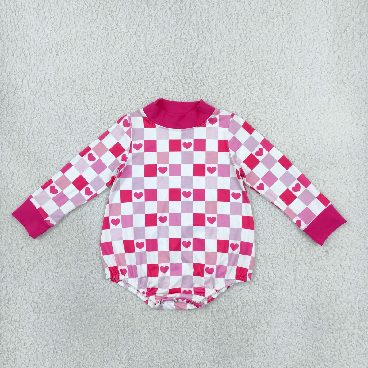 LR3337 Valentine's Day Love Plaid Rose Red Mockneck Baby Bubble Romper