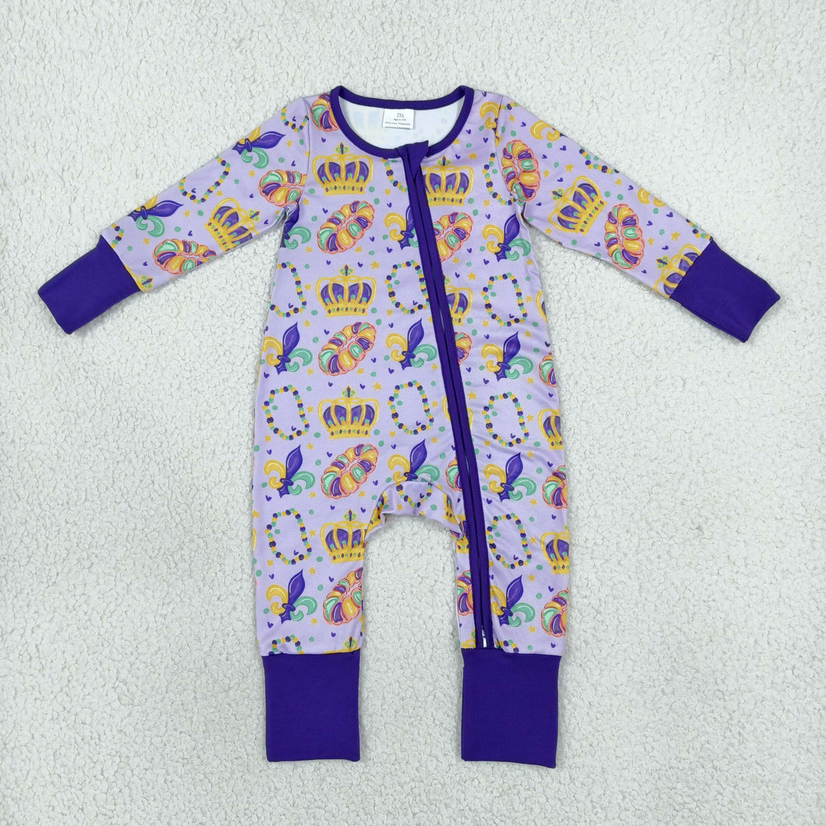 LR3341 Mardi Gras Mask Purple Baby Footie Sleepers Romper
