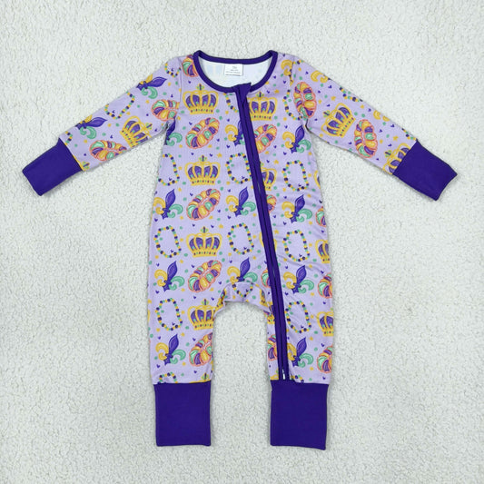 LR3341 Mardi Gras Mask Purple Baby Footie Sleepers Romper