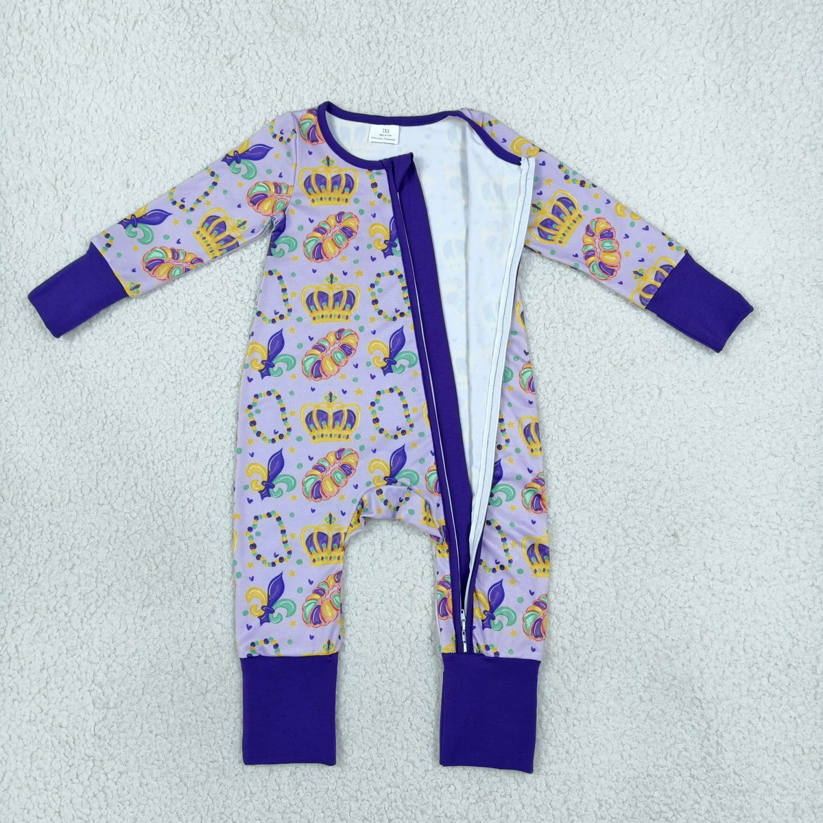LR3341 Mardi Gras Mask Purple Baby Footie Sleepers Romper