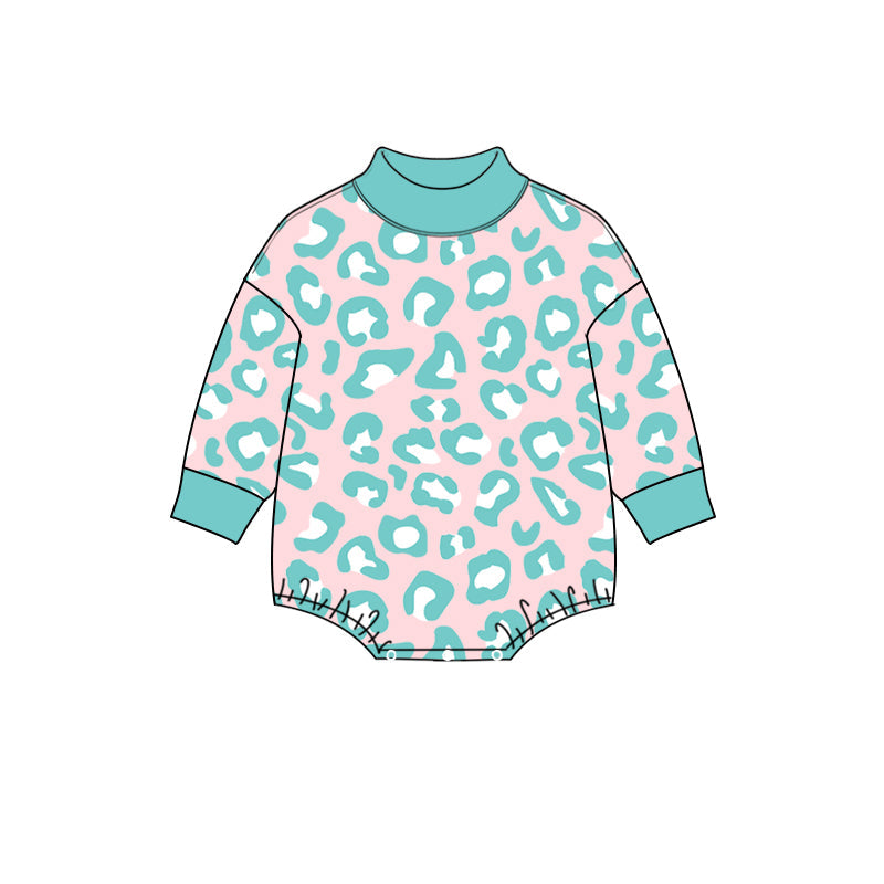 Preorder MOQ 5 pcs LR3389 Leopard Blue Green Middle Neckline Baby Girls Bubble Romper