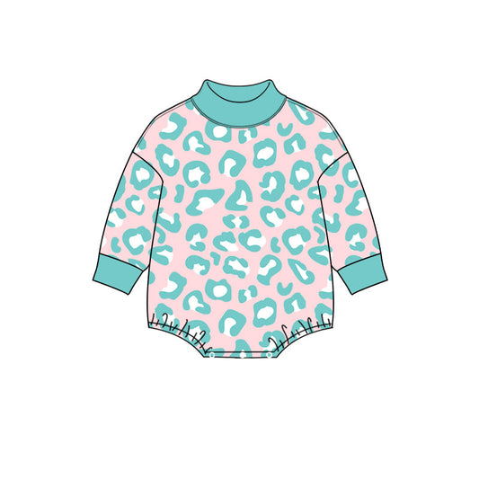 Preorder MOQ 5 pcs LR3389 Leopard Blue Green Middle Neckline Baby Girls Bubble Romper