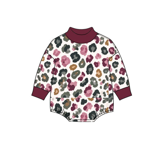 Preorder MOQ 5 pcs LR3390 Leopard Dark Red Middle Neckline Baby Girls Bubble Romper