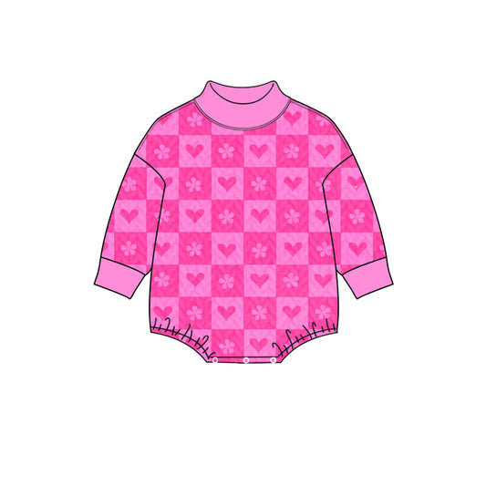 Preorder MOQ 5 pcs LR3399 Valentine's Day Love Plaid Rose Red Mockneck Baby Girls Bubble Romper