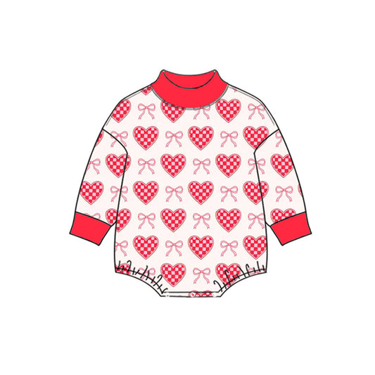 Preorder MOQ 5 pcs LR3426 Valentine's Day Plaid Love Bows Red Mockneck Baby Girls Bubble Romper