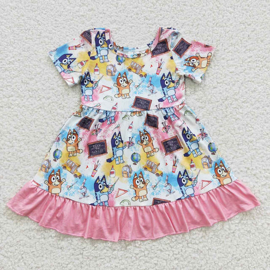 GSD0411 Pink Blue Dog Cartoon  Girls Short Sleeve Dresses