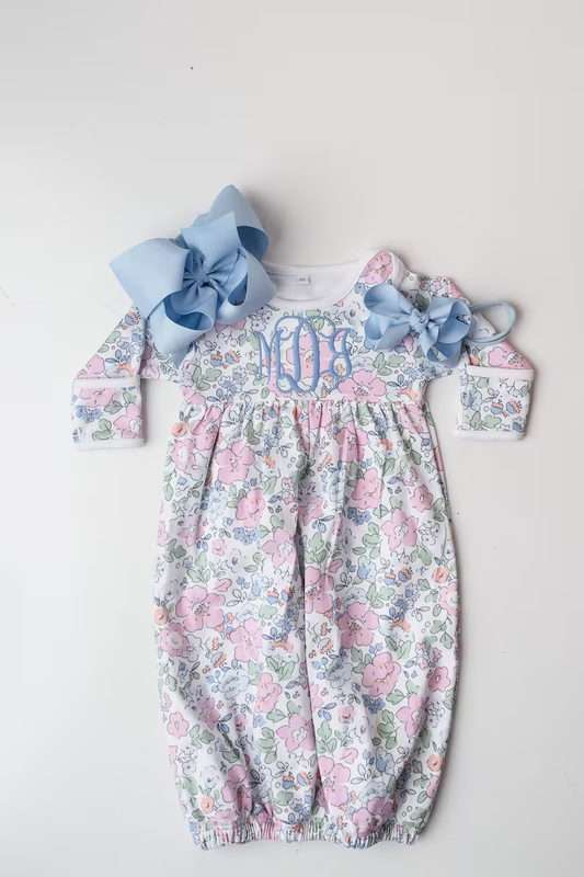 preorder NB0049 Newborn Floral Blue Long Sleeve Girls Nightgown Romper 202509