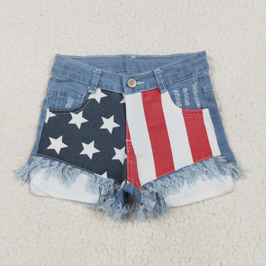 NC0003 4th Of July Blue Starts Red Stripes Girls Shorts Denim Jeans