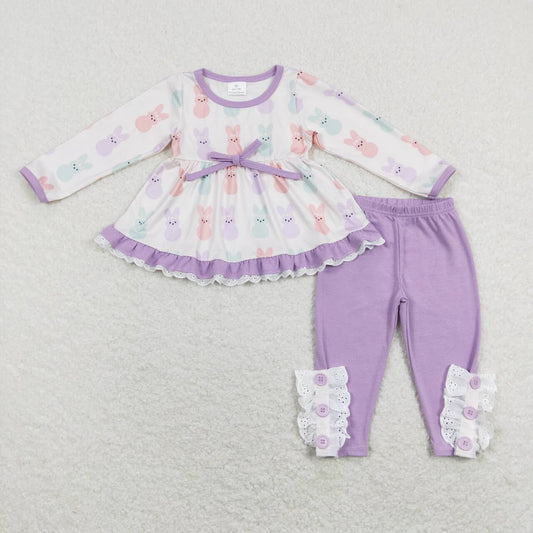 GLP1078 Easter Rabbit Purple  Ruffles Tunic  Girls Long Sleeve Pants Outfits