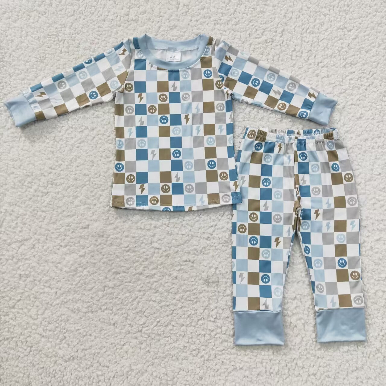 BLP0171 Plaid Emoji Smile Blue Boys Long Sleeve Pajamas