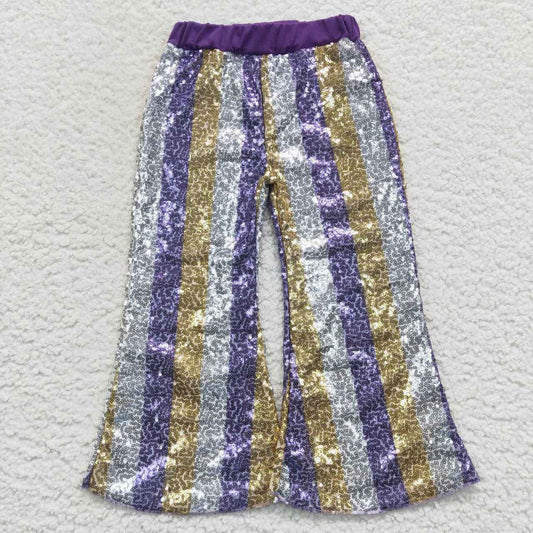 P0276  Purple Golden Stripes Sequin Bell-bottom Kids Long Pants