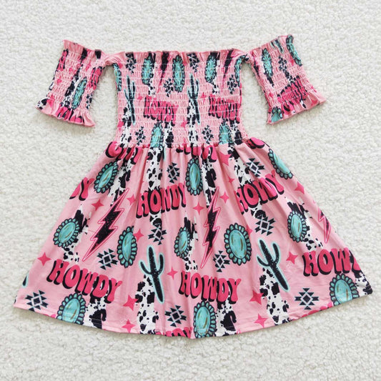 GSD0388 Pink Howdy Cowboy Blue Western Girl Girls Short Sleeve Dresses