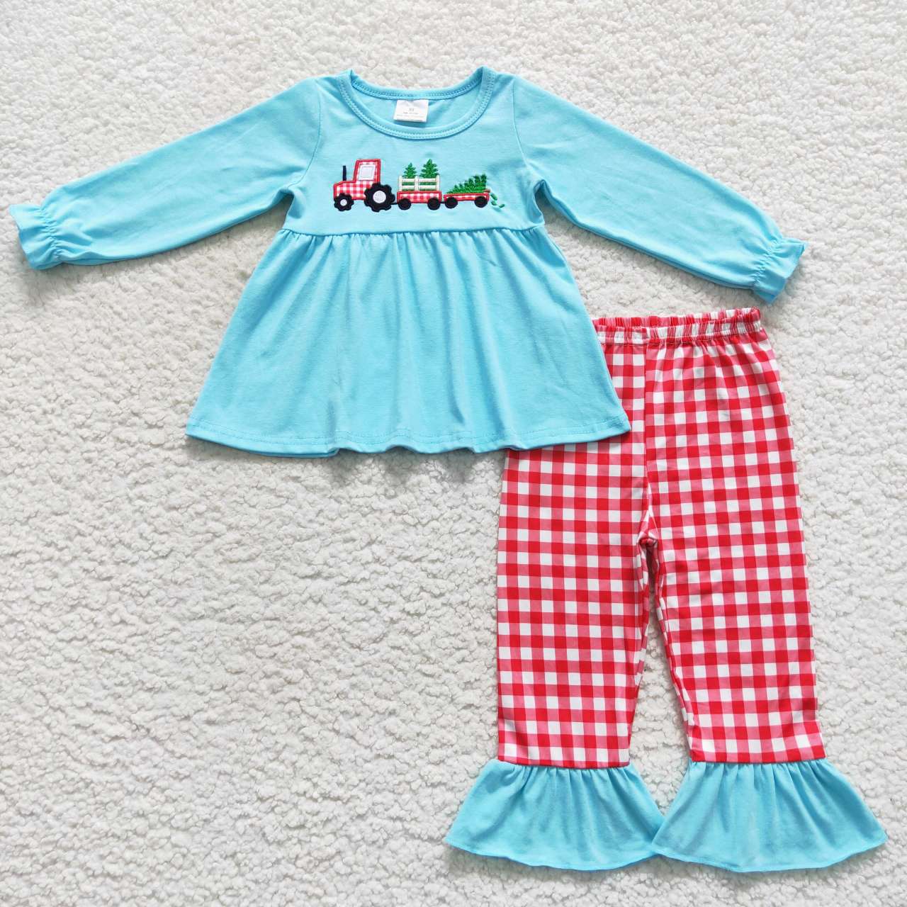 GLP0609  Christmas Blue Red Tree  Embroidery Girls Long Sleeve Pants Outfits