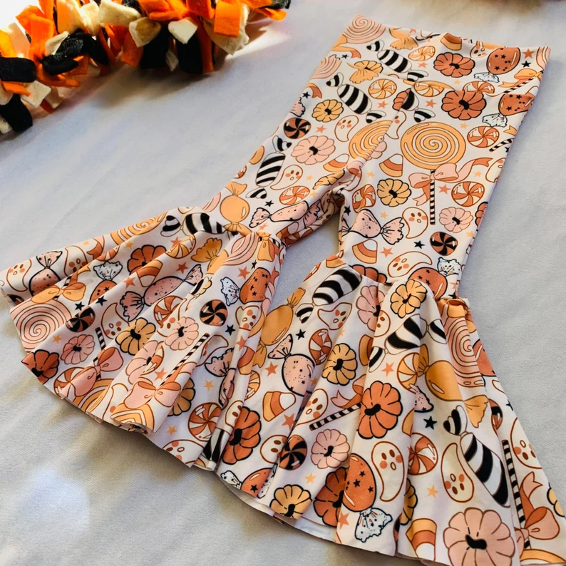 P0255 Halloween Pumpkin Orange Girls Legging Long Pants Bell Bottom