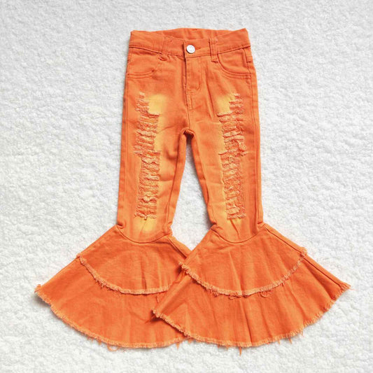 P0271 Baby Girl Clothes Orange Ripped Double-Layer Flare Denim Pants RTS Free Shipping Over 2KG