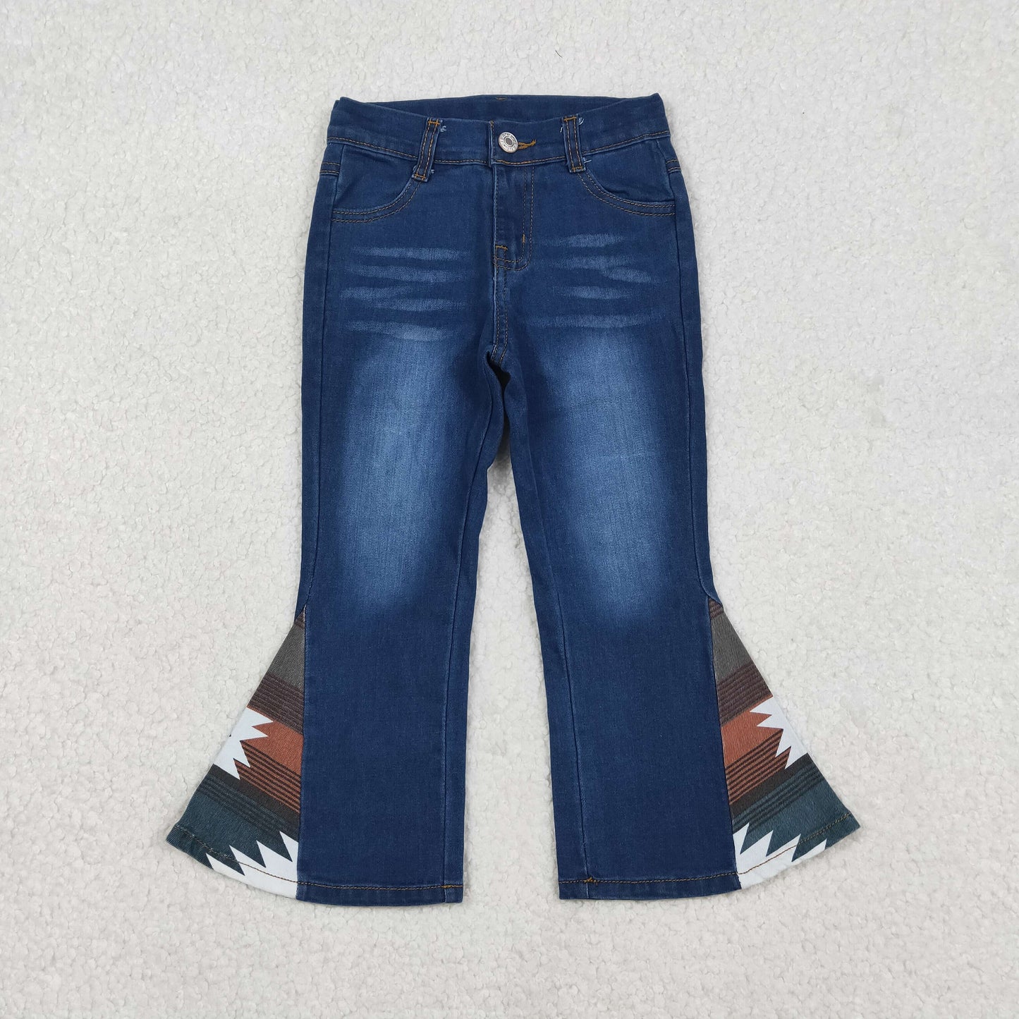 P0303 Geometric Pattern Dark Blue Denim Bell Bottom Pants Western Girls Jeans 202512 RTS