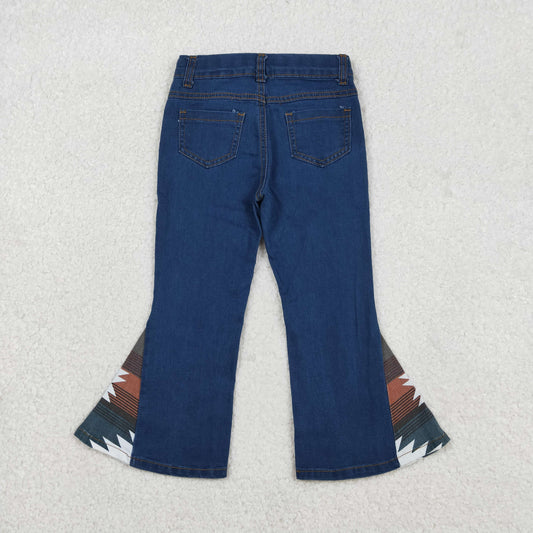 P0303 Geometric Pattern Dark Blue Denim Bell Bottom Pants Western Girls Jeans 202512 RTS