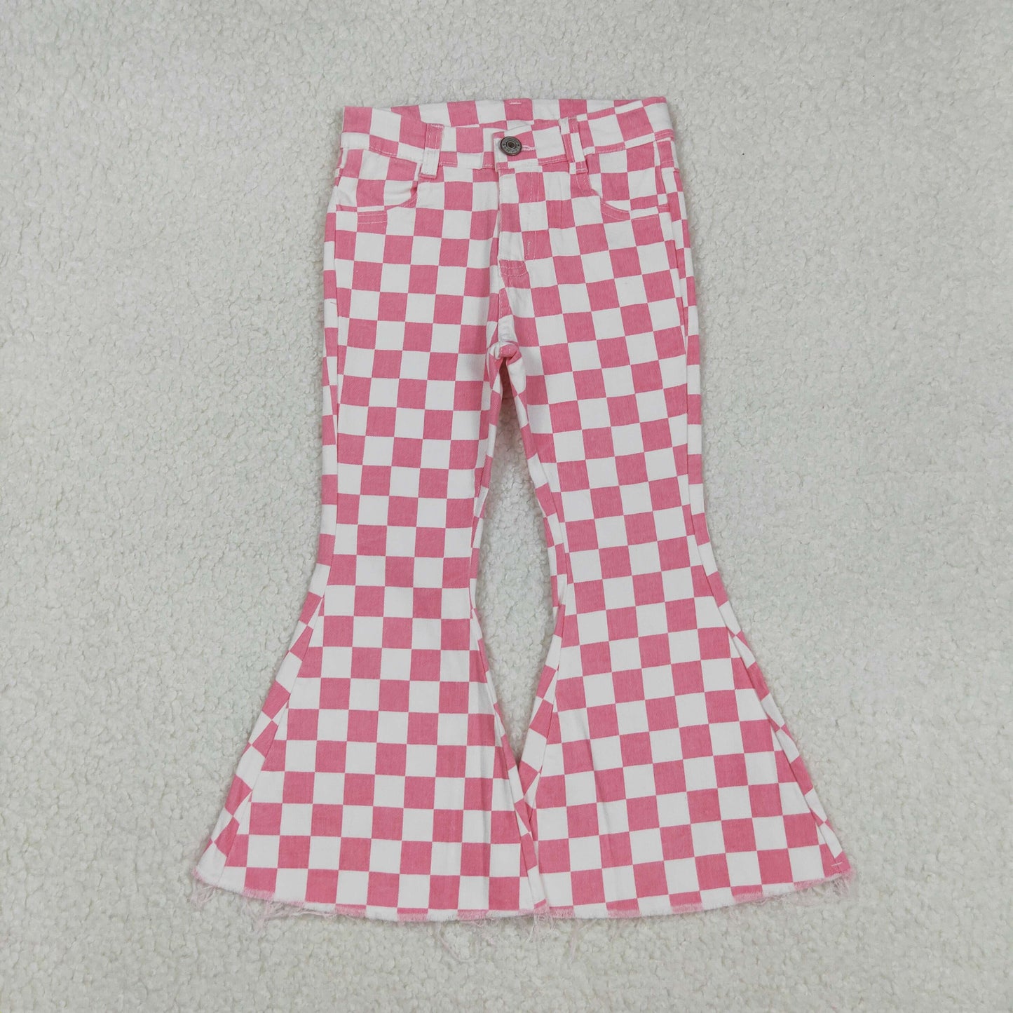 P0348  New Pink Plaid  Girls Bell Pants Denim Jeans 202509 RTS