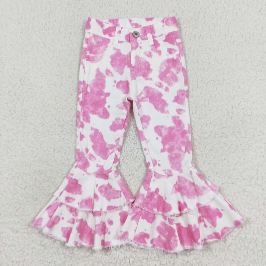 P0406 NO MOQ Pink and white cow-print denim pants high quality kids jeans girls