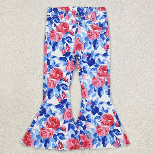 P0466 NO MOQ Pink flowers Blue leaves White denim pants western clothes