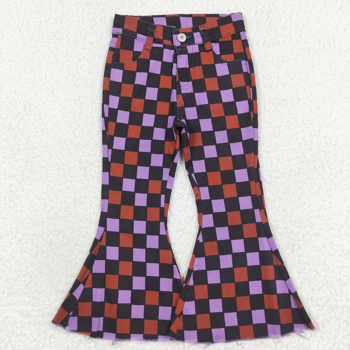 P0471 NO MOQ Orange purple plaid black denim pants high quality jeans children girl