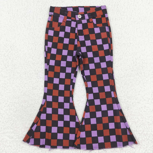 P0471 NO MOQ Orange purple plaid black denim pants high quality jeans children girl