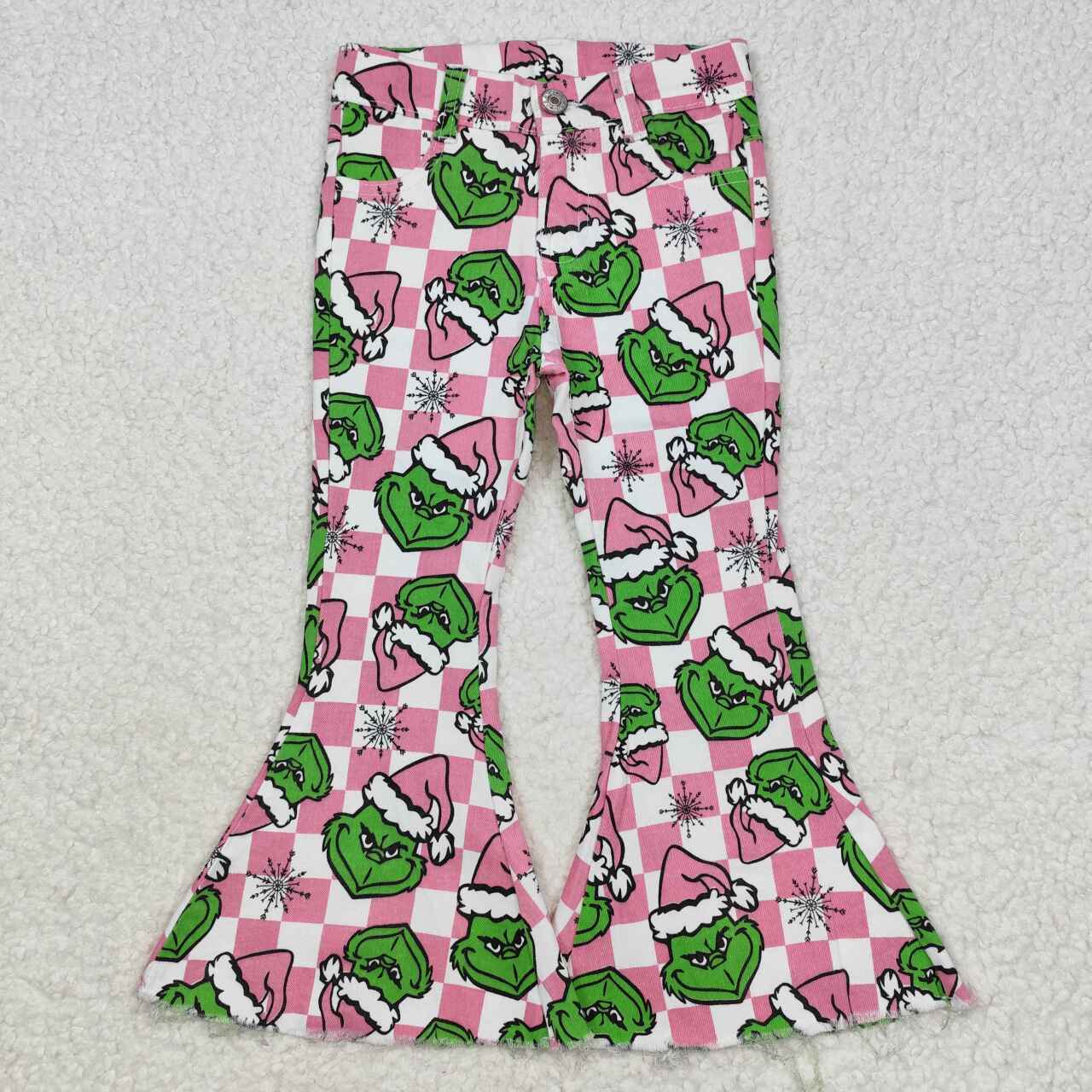 P0483 NO MOQ grinch snow pink plaid denim pants