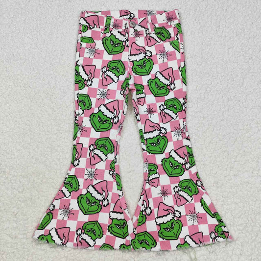 P0483 NO MOQ grinch snow pink plaid denim pants