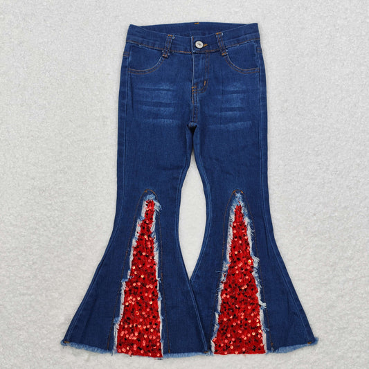 P0532 Red sequins dark denim pants high quality