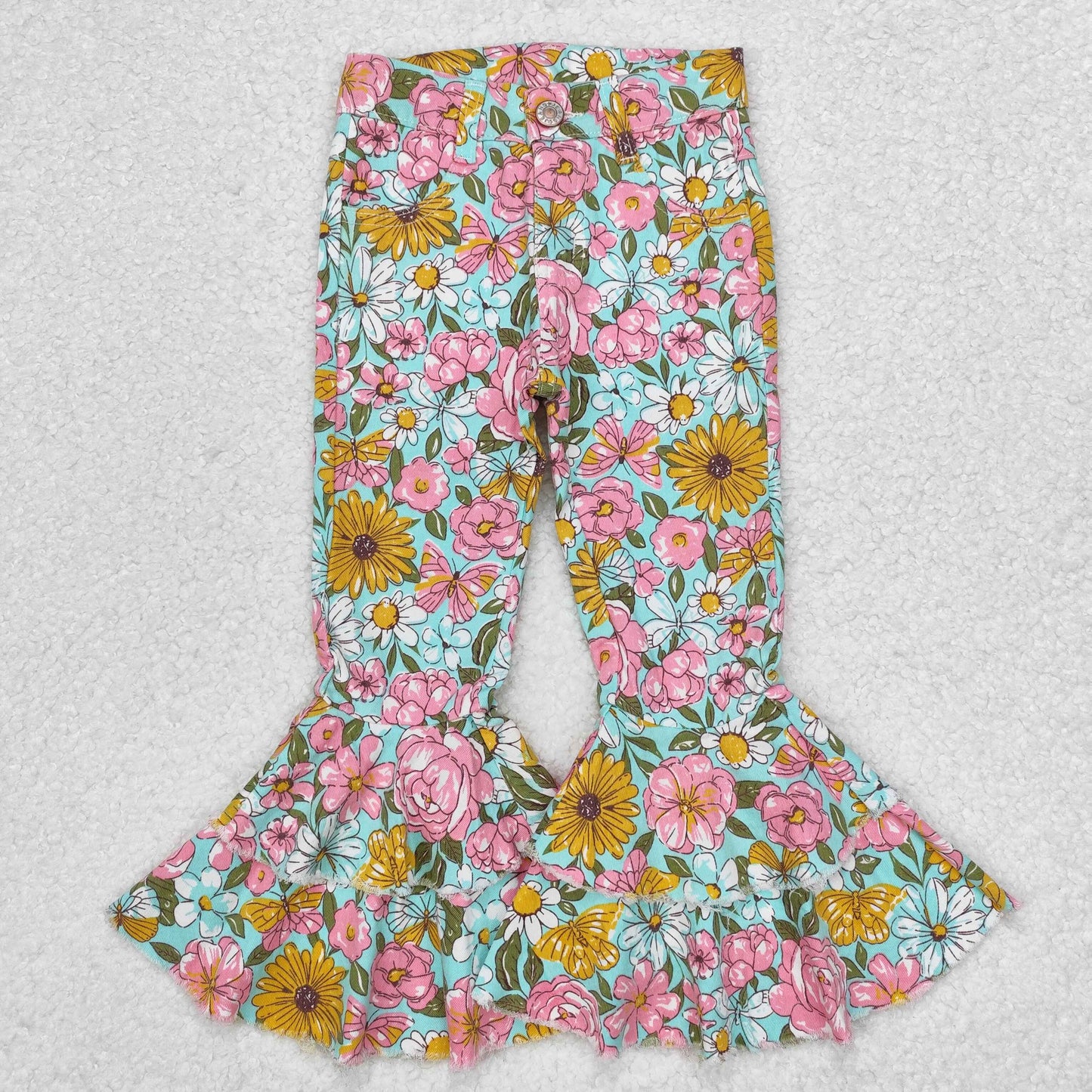 P0633 Pink yellow flowers Green denim pants high quality