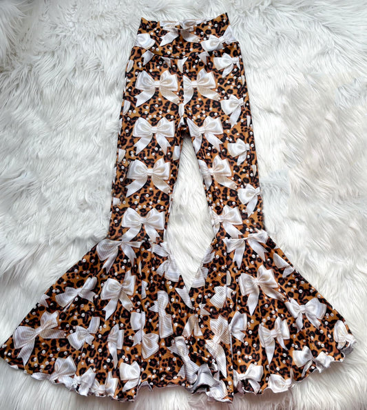 preorder P0749 Adult ladies brown leopard bow pearl bell bottoms pants women boutique outfits 202503