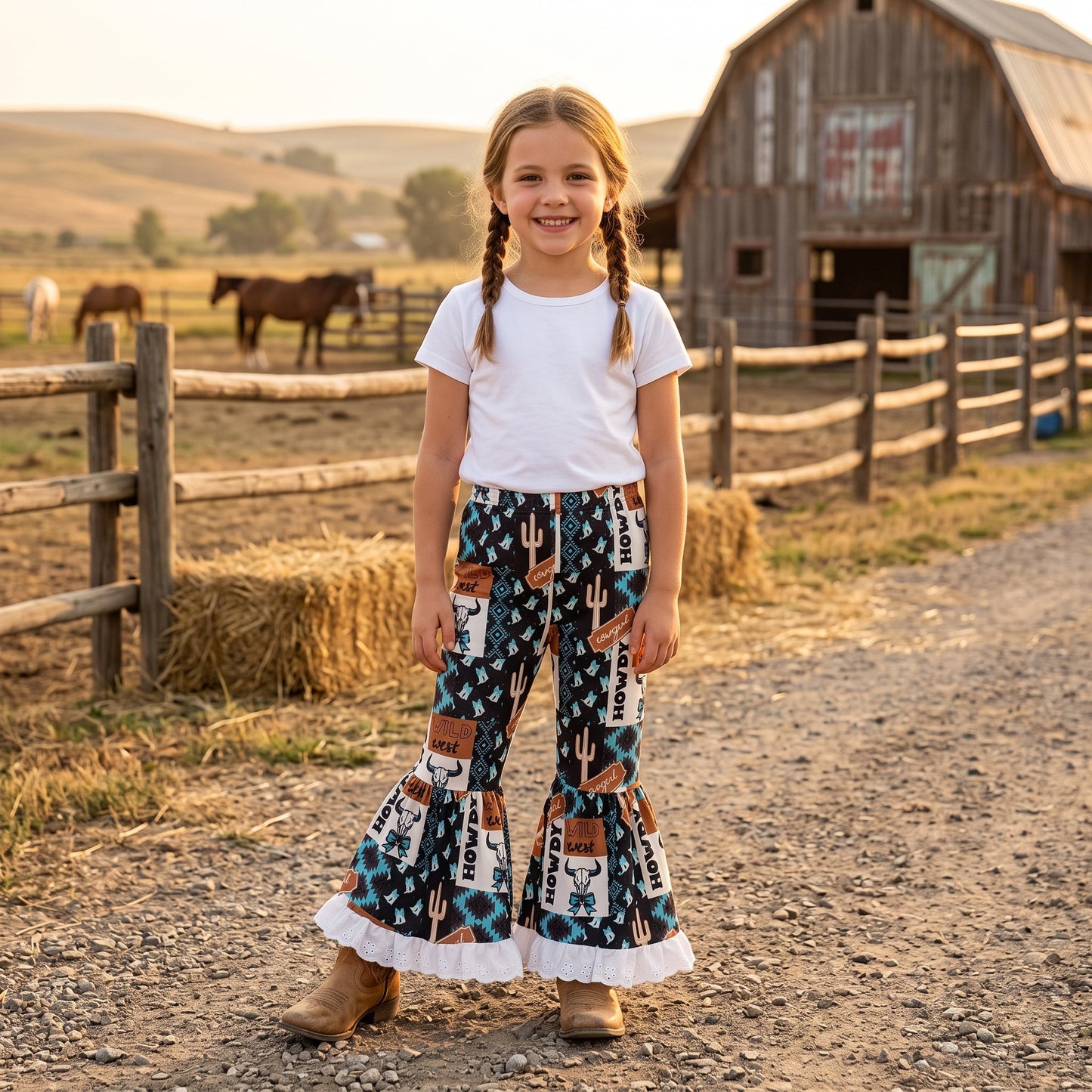 P0781 RTS girl clothes wild west girl bell bottom pant