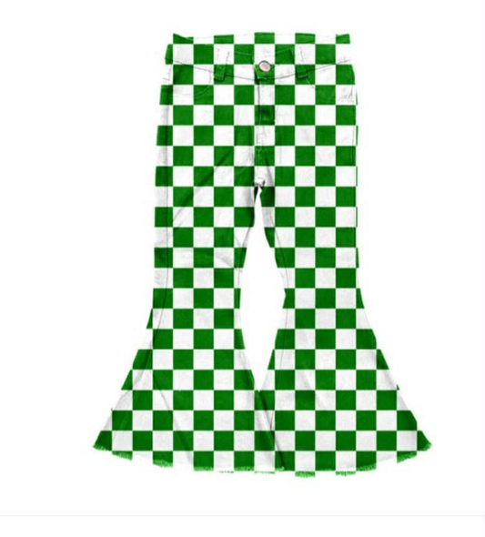 MOQ 8  Preorder P0841 Girls Green White Plaid Denim Bell Bottom Pants Jeans 202509