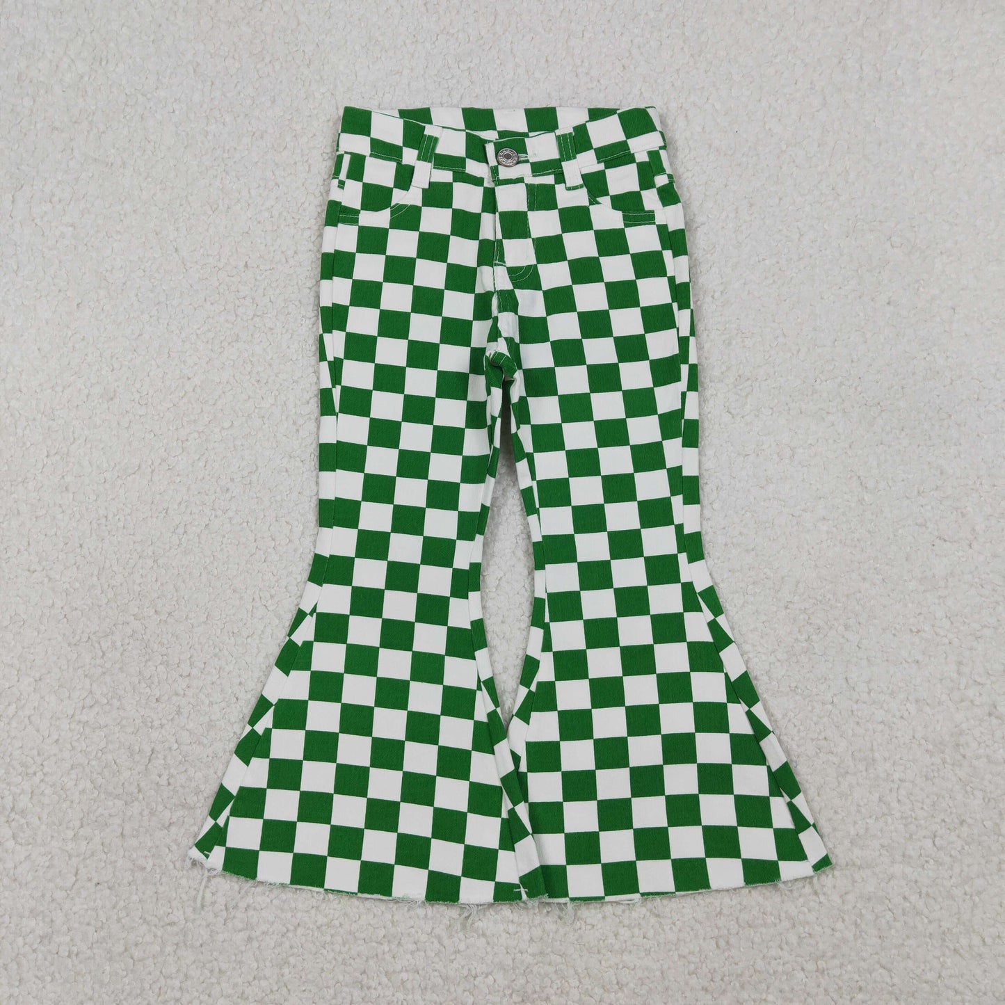 P0841 Girls Green White Plaid Denim Bell Bottom Pants Jeans 202601 RTS