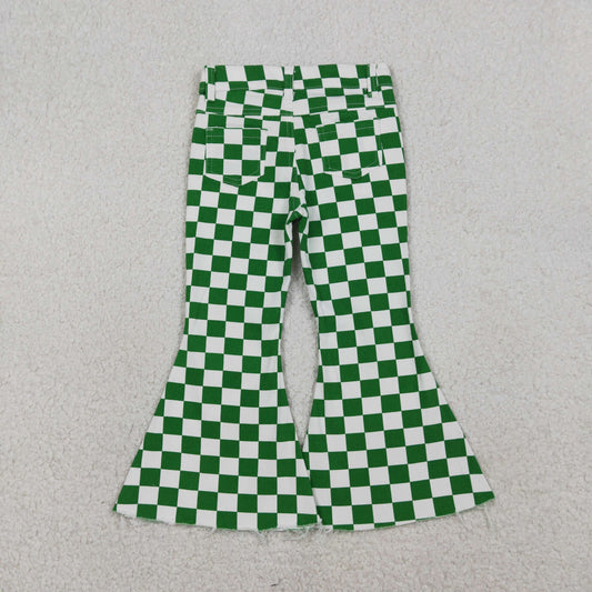 P0841 Girls Green White Plaid Denim Bell Bottom Pants Jeans 202601 RTS