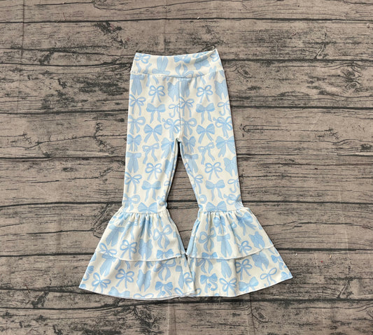 NO MOQ Preorder P0886 Girls Blue Bows Double Ruffle Yoga Bell Bottom Pants 202511