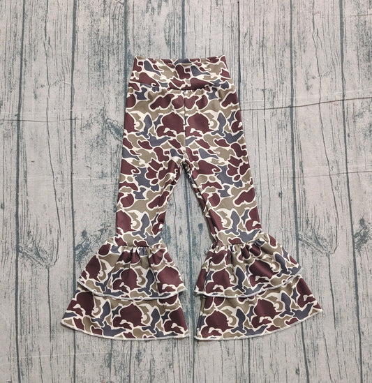 NO MOQ Preorder P0888 Girls Army Green Camouflage Double Ruffle Yoga Bell Bottom Pants 202511