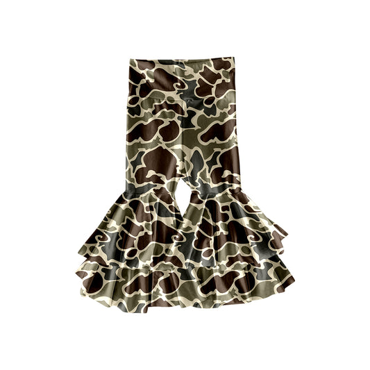 MOQ 8 Preorder P0888 Girls Army Green Camouflage Double Ruffle Yoga Bell Bottom Pants 202509