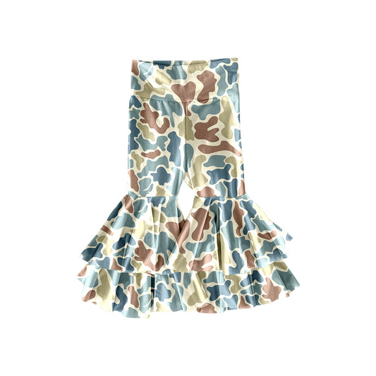MOQ 8 Preorder P0892 Green Blue Camouflage Double Ruffle Yoga Bell Bottom Girls Pants 202509