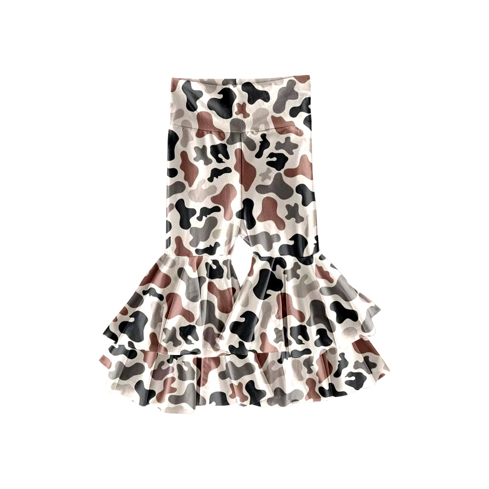 MOQ 8 Preorder P0893 Gray Brown Camouflage Double Ruffle Yoga Bell Bottom Girls Pants 202509