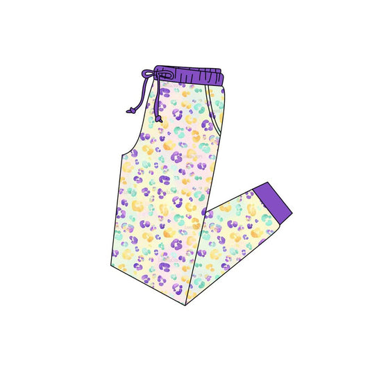 MOQ 5 P0901 preorder Mardi Gras Adult Female Colored Leopard Purple Elastic Waist Drawstring Long Pants 202510