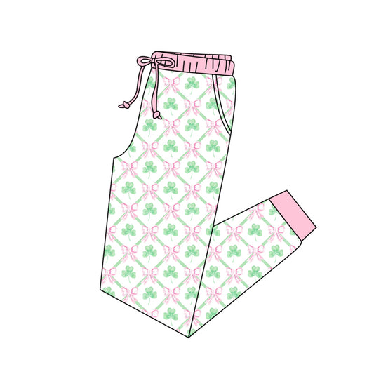 MOQ 5 P0904 preorder Four-Leaf Clover Bow Adult Female Pink Elastic Waist Drawstring Long Pants 202510
