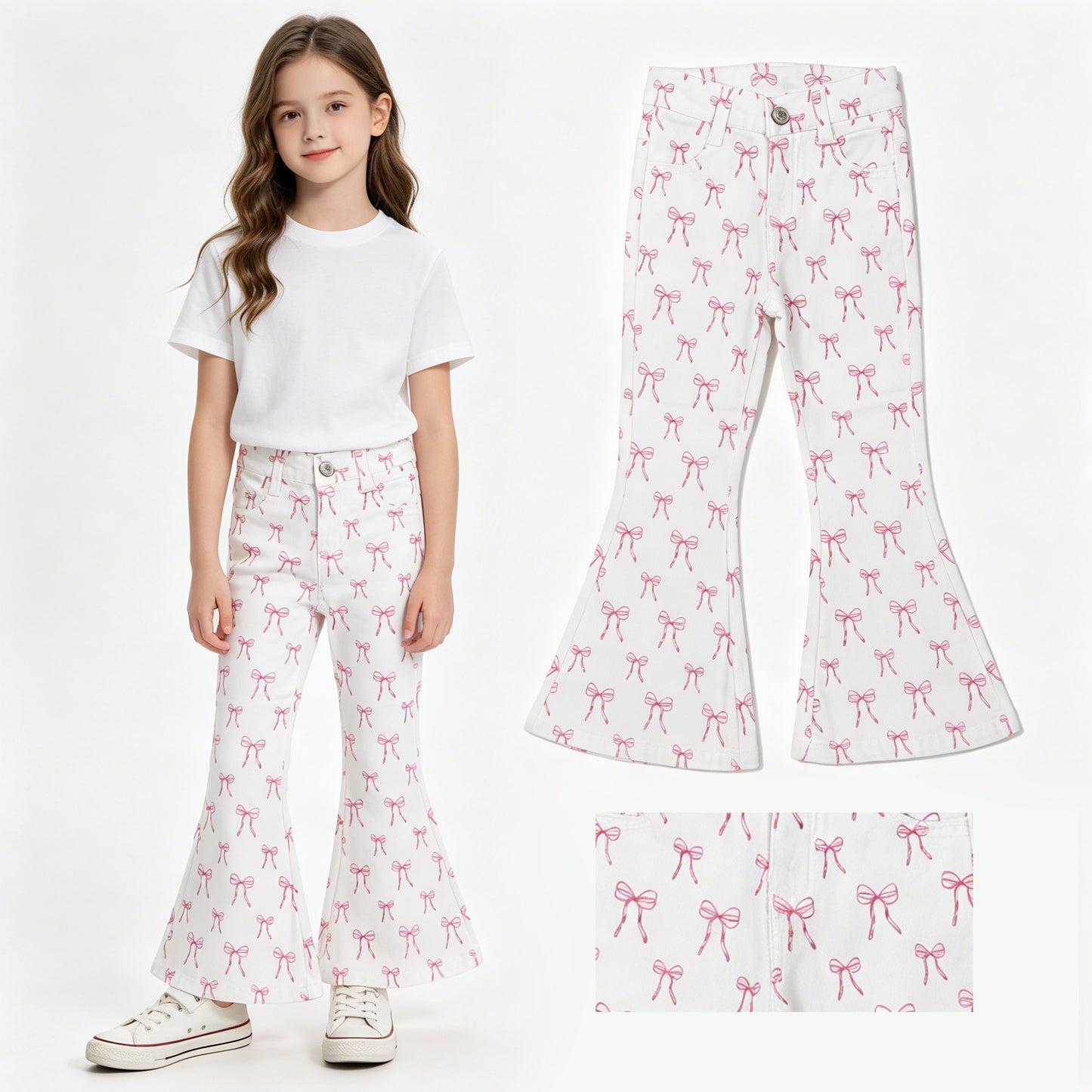 P1042 Pink Bows White Denim Bell Bottom Pants Western Girls Jeans 202605 RTS