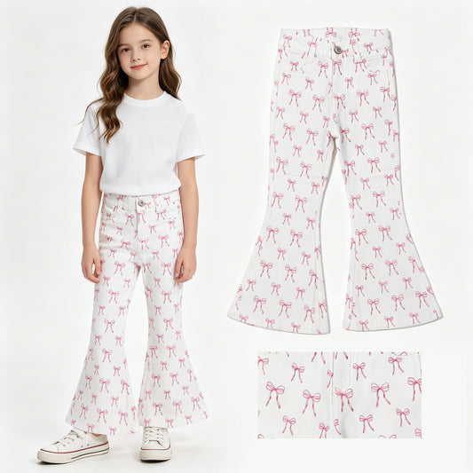 P1042 Pink Bows White Denim Bell Bottom Pants Western Girls Jeans 202605 RTS