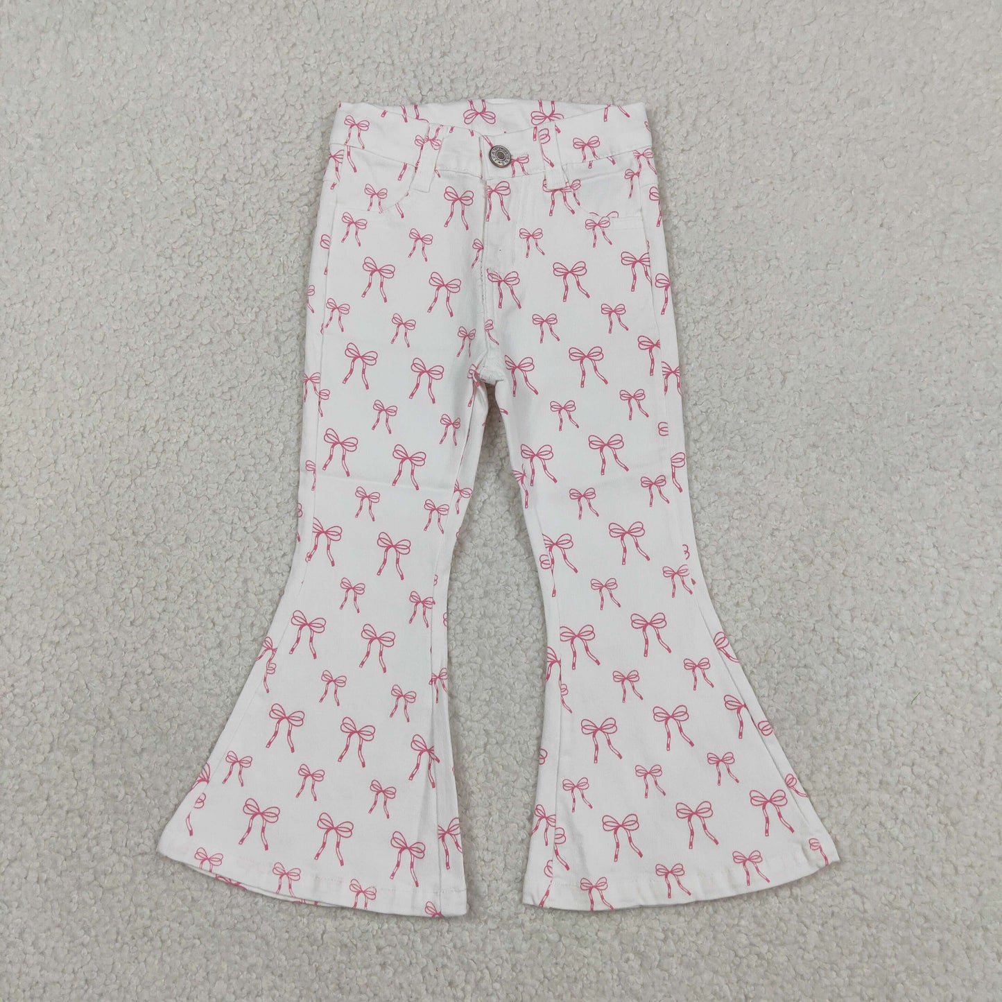 P1042 Pink Bows White Denim Bell Bottom Pants Western Girls Jeans 202605 RTS