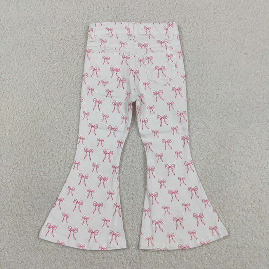 P1042 Pink Bows White Denim Bell Bottom Pants Western Girls Jeans 202605 RTS