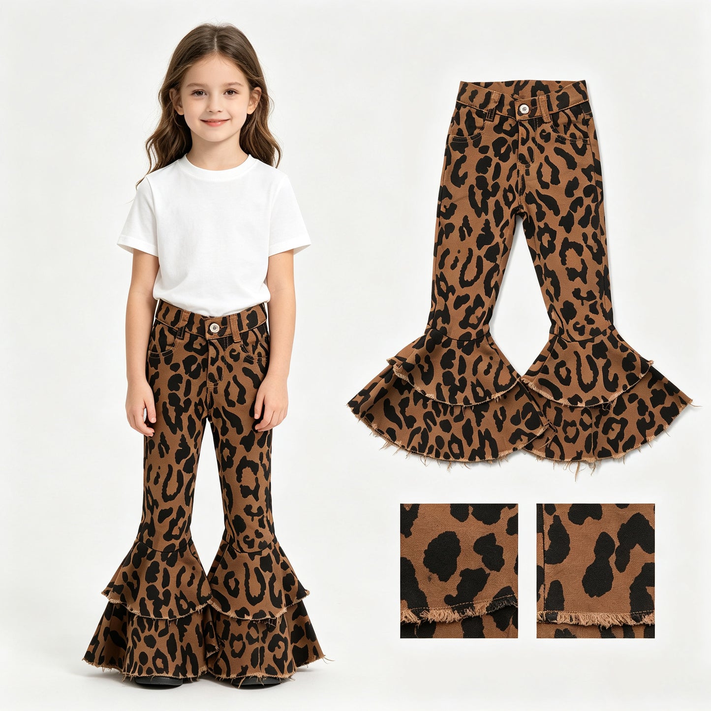 P1050 Leopard Brown Bell Bottom Pants Girls Pants 202607 RTS